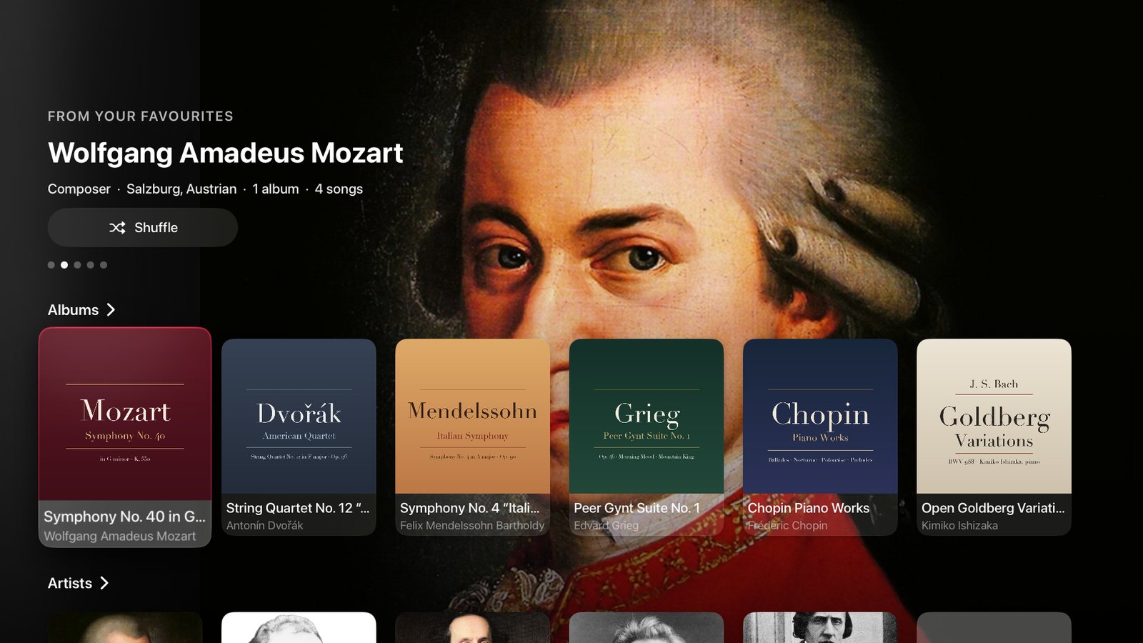 Music on Apple TV, with Mozart featured and the albums below