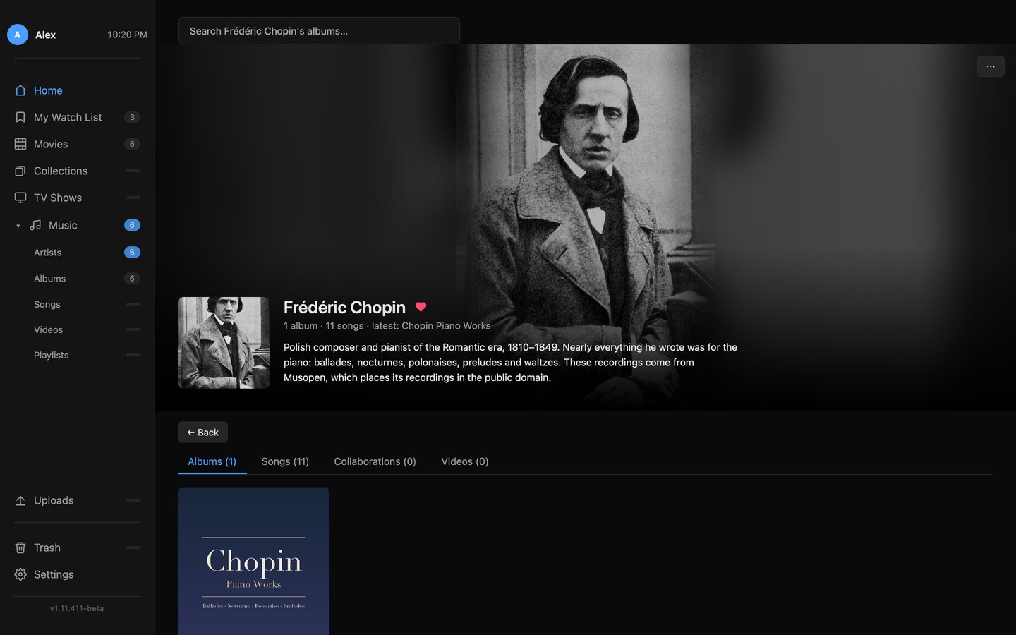 An artist's page in the browser