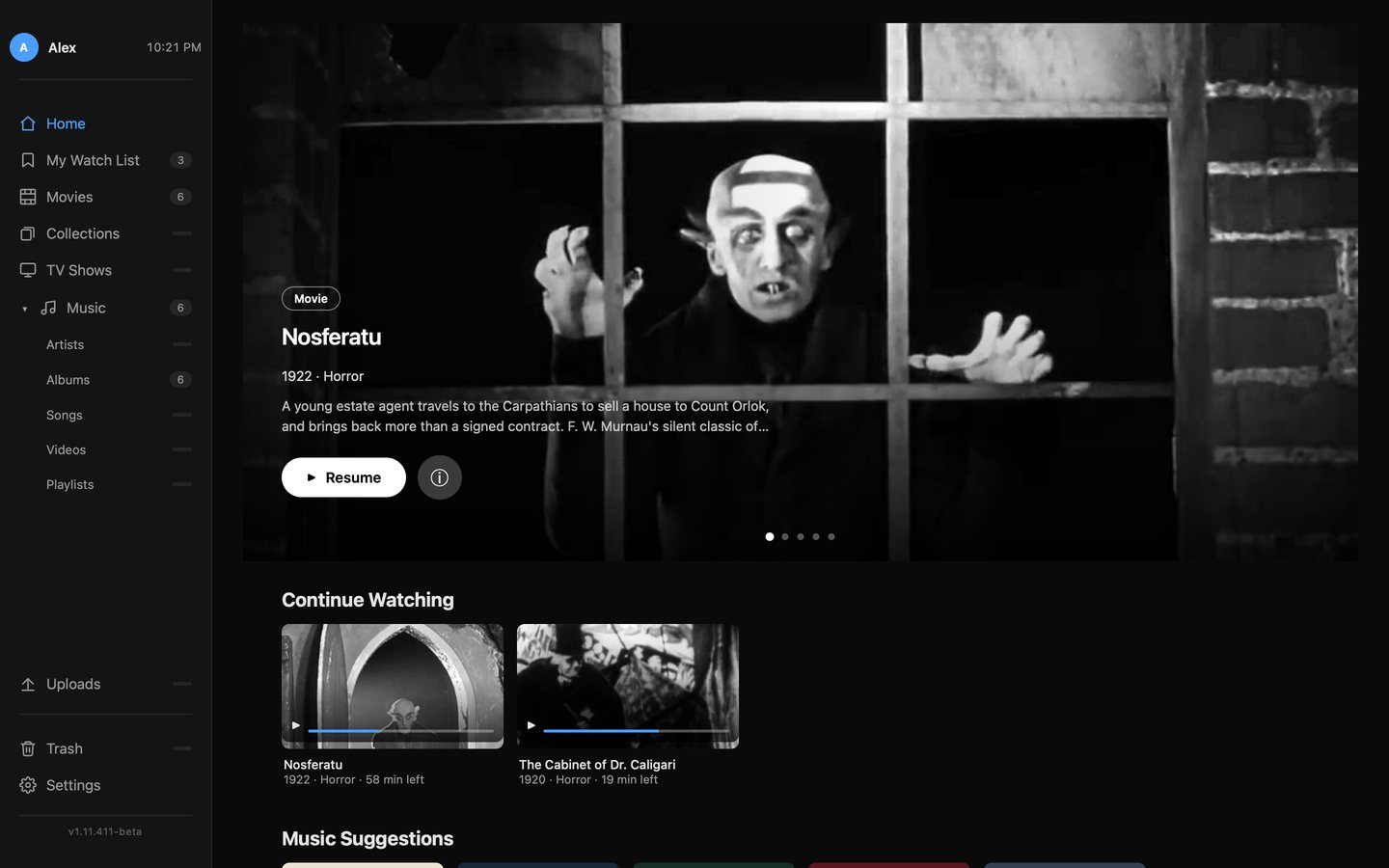 Home Stream in a browser: Nosferatu in the featured banner, with films to continue watching below